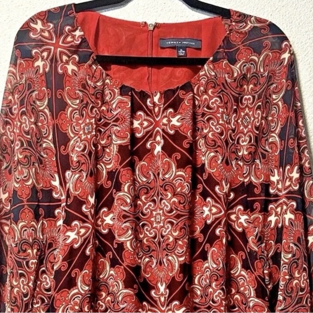 Tommy Hilfiger Paisley Print Chiffon Blouse XL Red Navy Boho Top Bubble - Picture 5 of 8